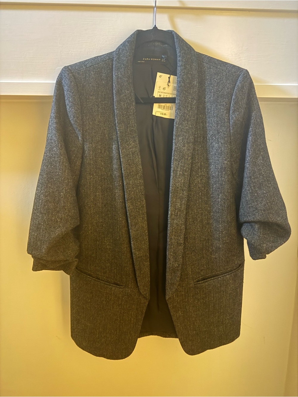 ZARA Herringbone Wool Blend Ruched Sleeve Open Blazer - NWT - Picture 3 of 7